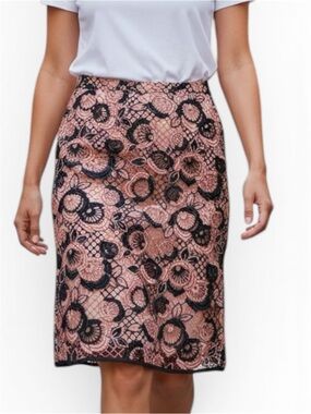 Ann Taylor Women's Navy Blue & Pink Floral Lace Overlay Pencil Skirt SZ 8P NWT